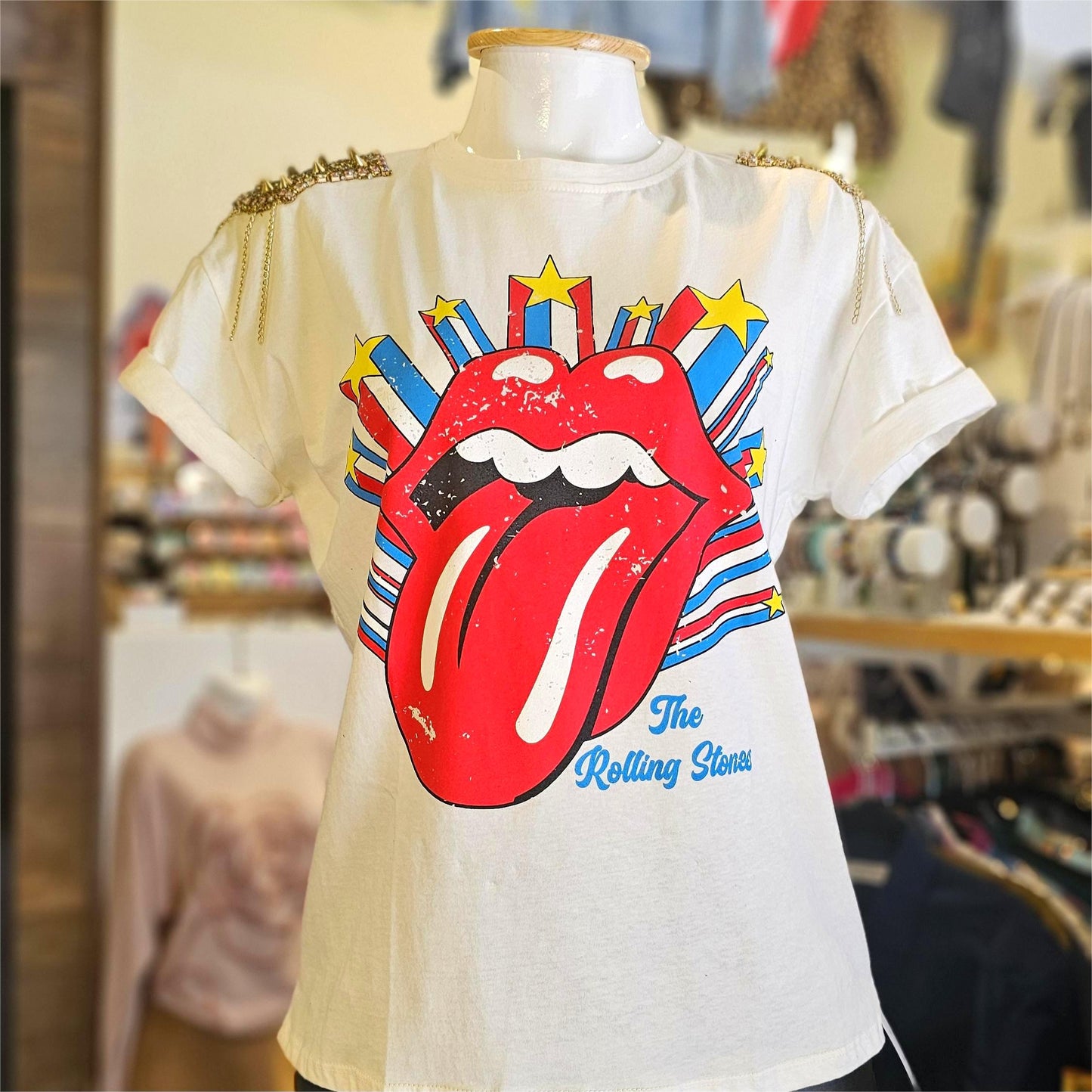Playera Rolling Stones blanca Con Hombreras - Unitalla