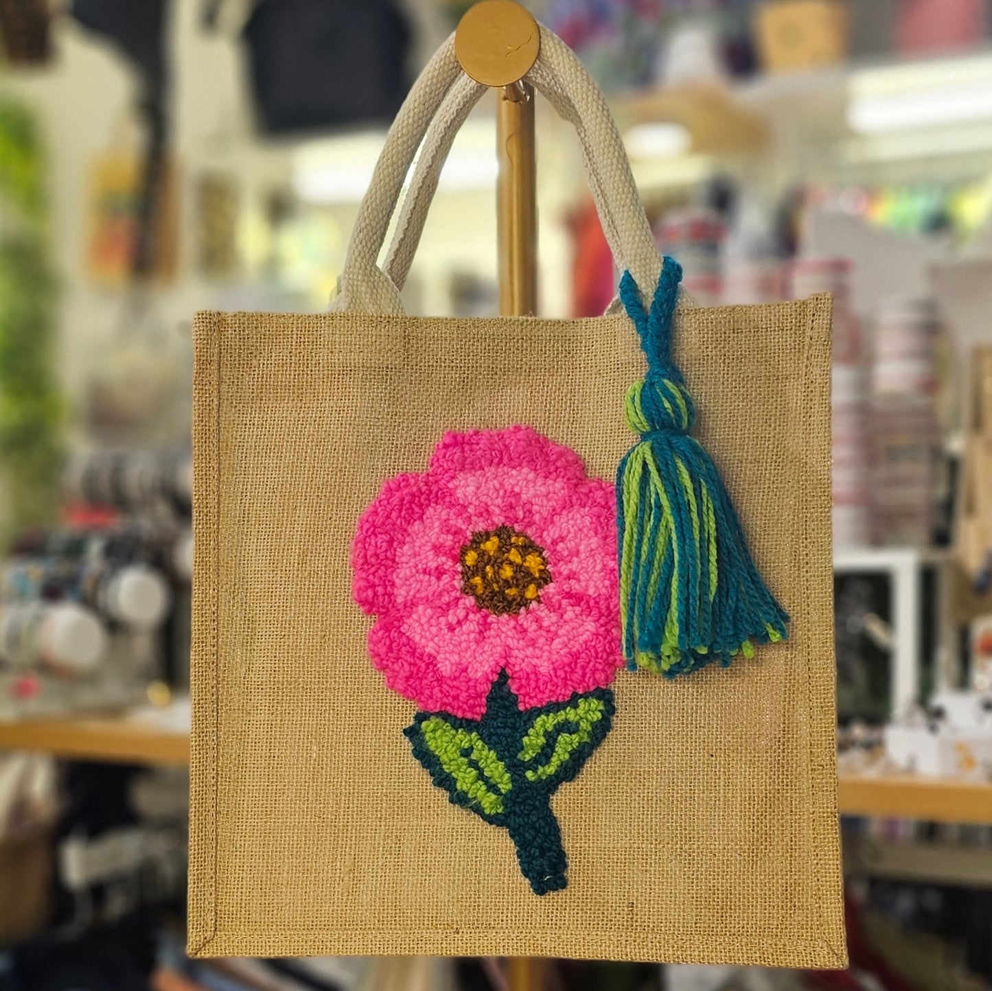 Bolsa De Yute Con Bordado Flor Rosa