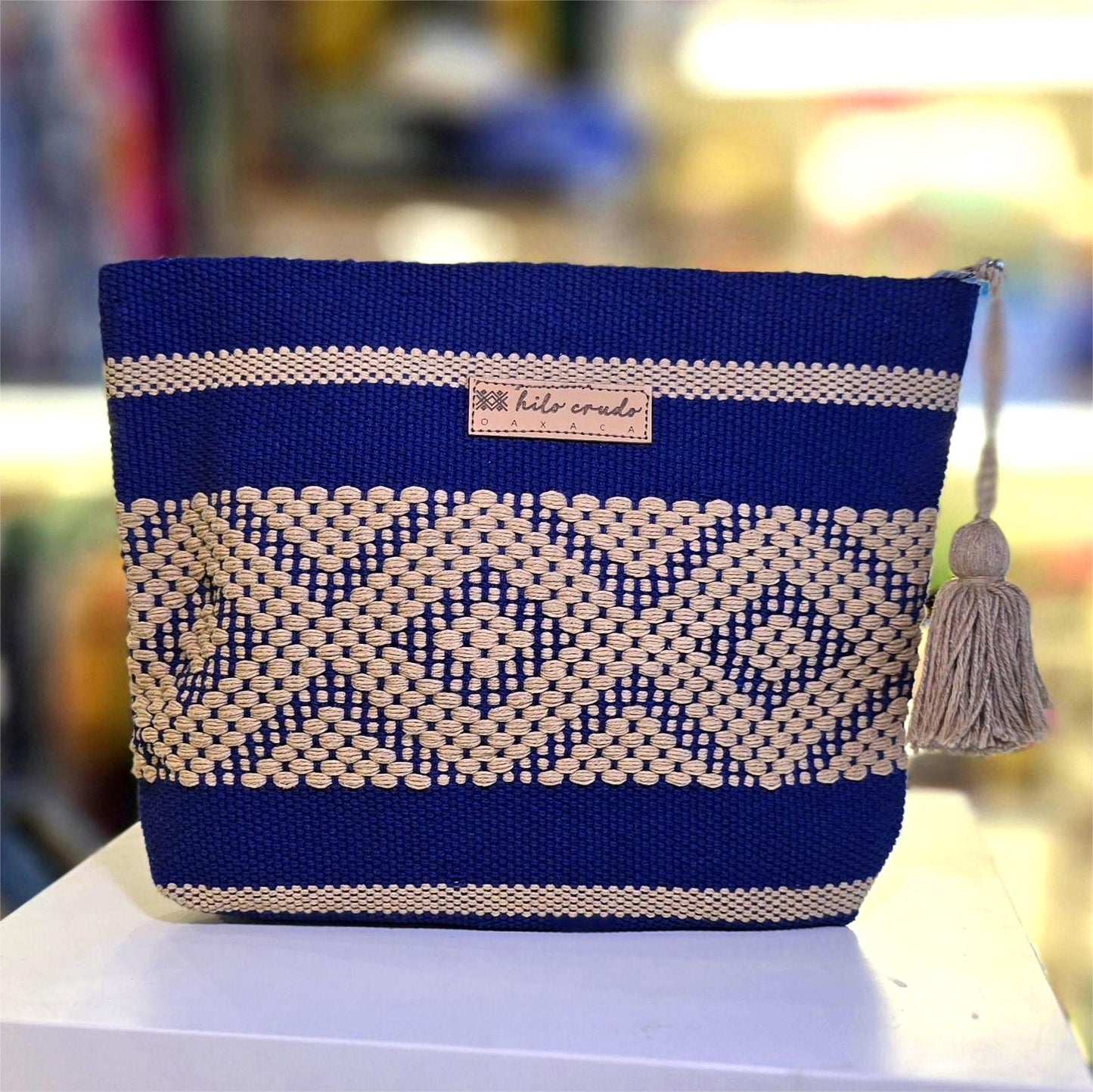 Cosmetiquera Multifuncional Artesanal de Oaxaca Azul con Beige