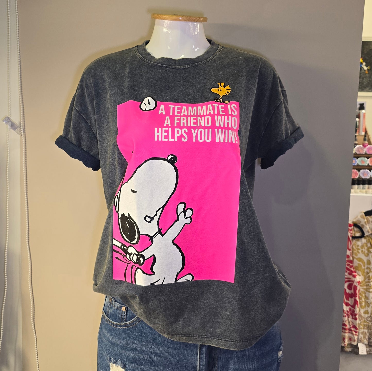 Playera Snoopy Tenista Azul Con Rosa