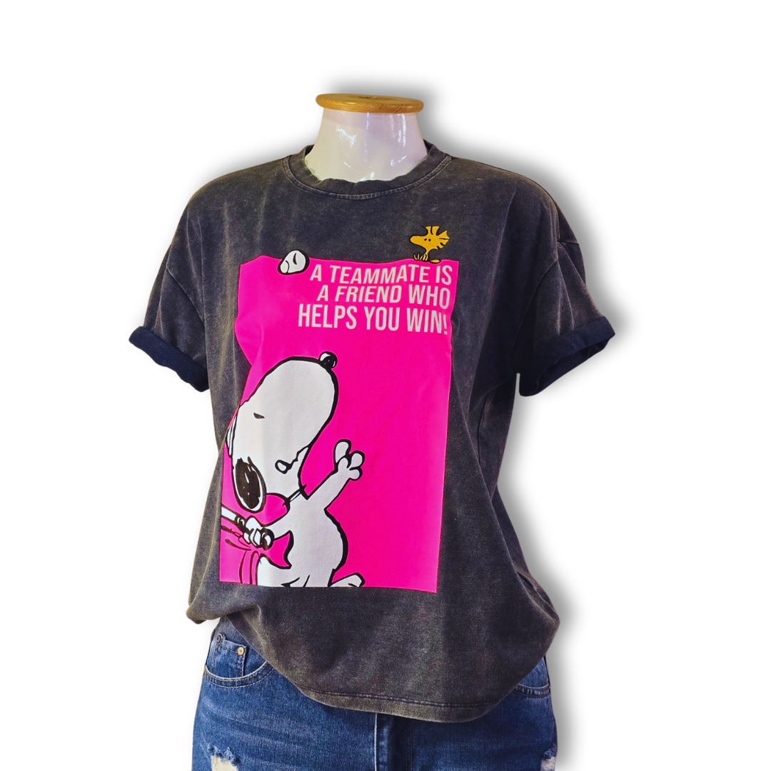 Playera Snoopy Tenista Azul Con Rosa
