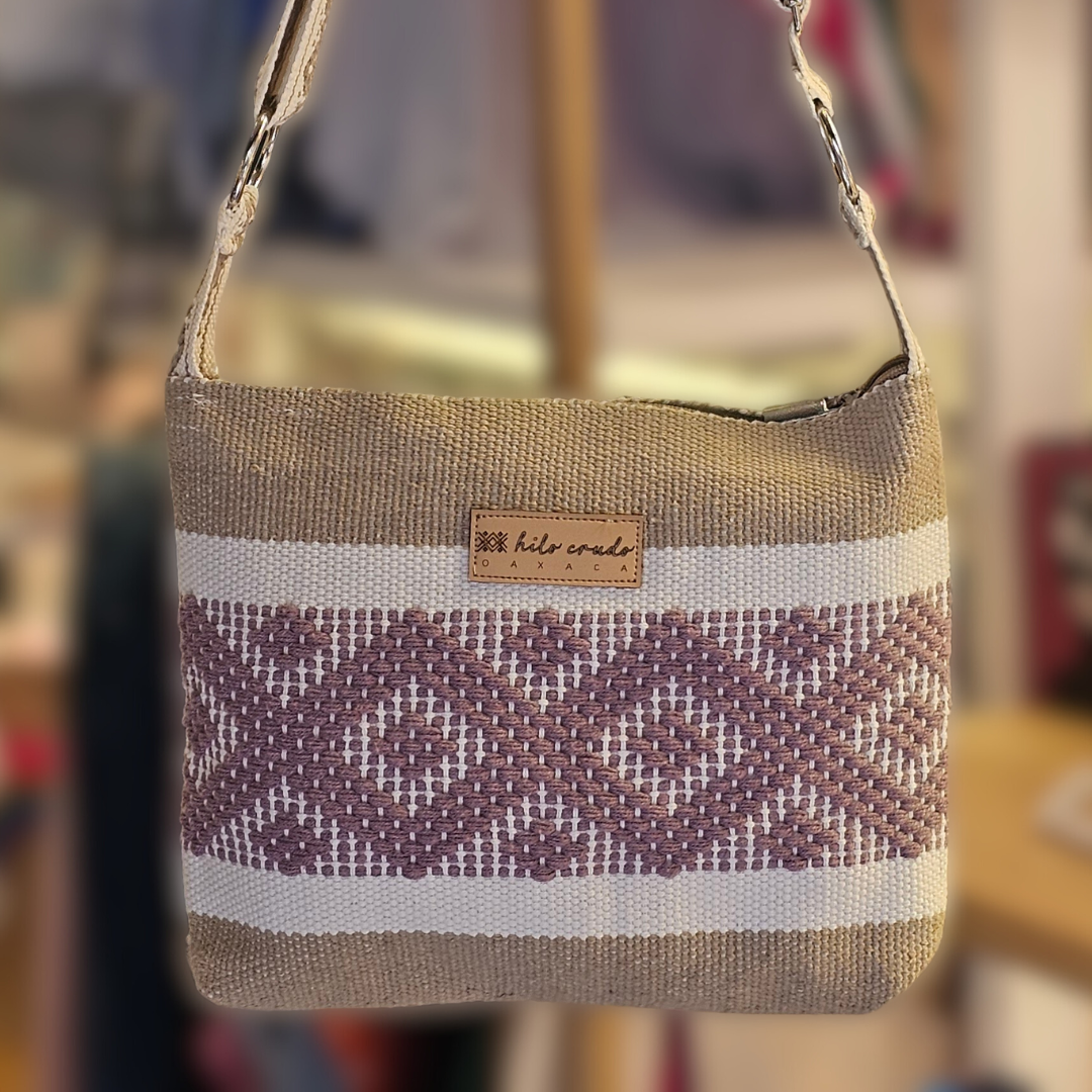Cross Body Artesanal de Oaxaca Beige con Rosa