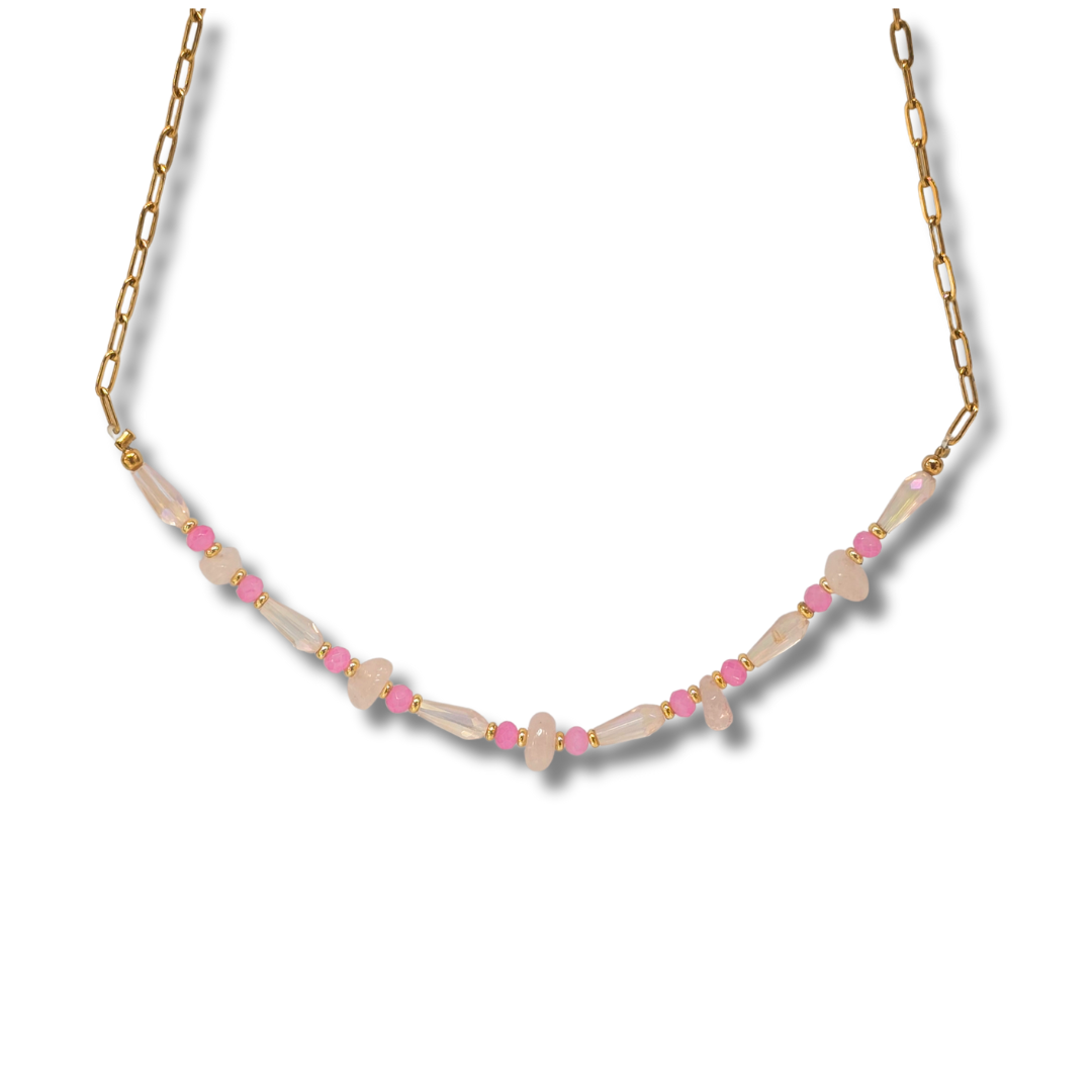 Collar cuarzo rosa con acentos rosas más fuertes 🌸