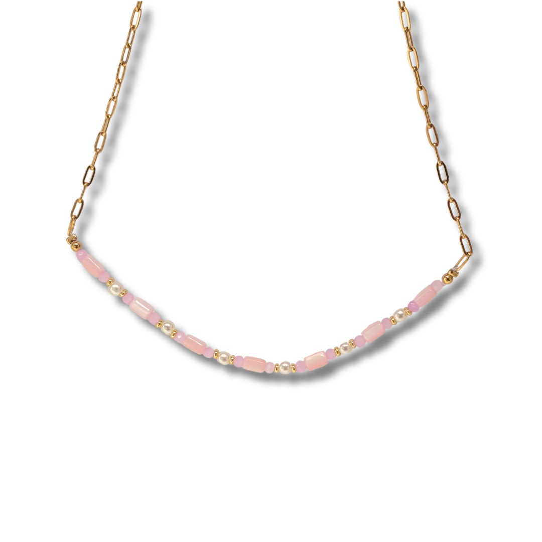 Collar rosa pastel con perlas y dorado 🎀