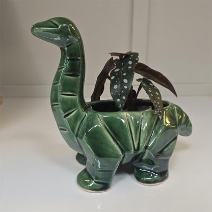 🦕 Maceta Dino de Cerámica – Verde Esmeralda