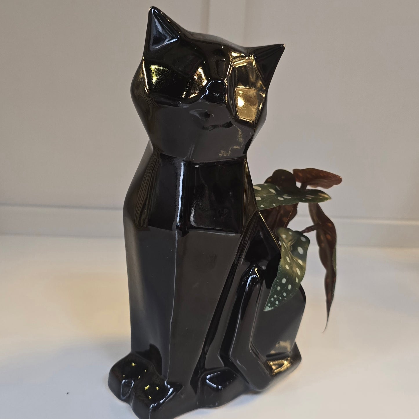 🐱 Maceta Gato Geométrico – Negro Brillante
