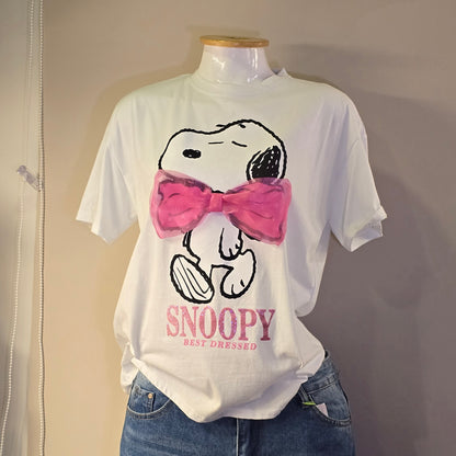Playera Snoopy Blanca Moño Rosa