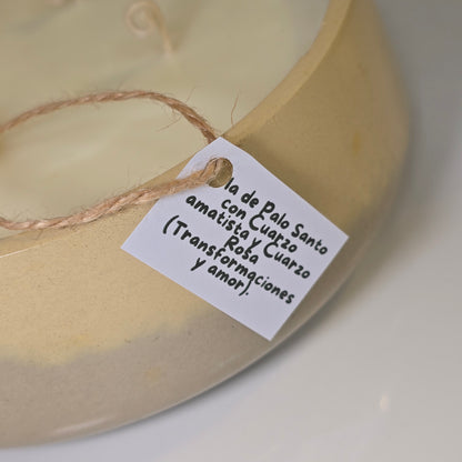 Vela Grande de Palo Santo con Amatista y Cuarzo Rosa