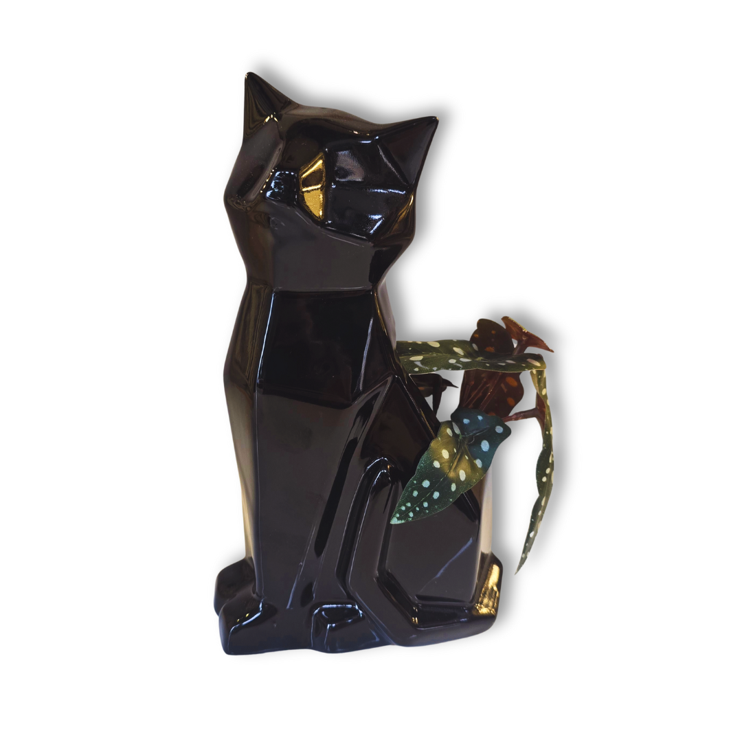 🐱 Maceta Gato Geométrico – Negro Brillante