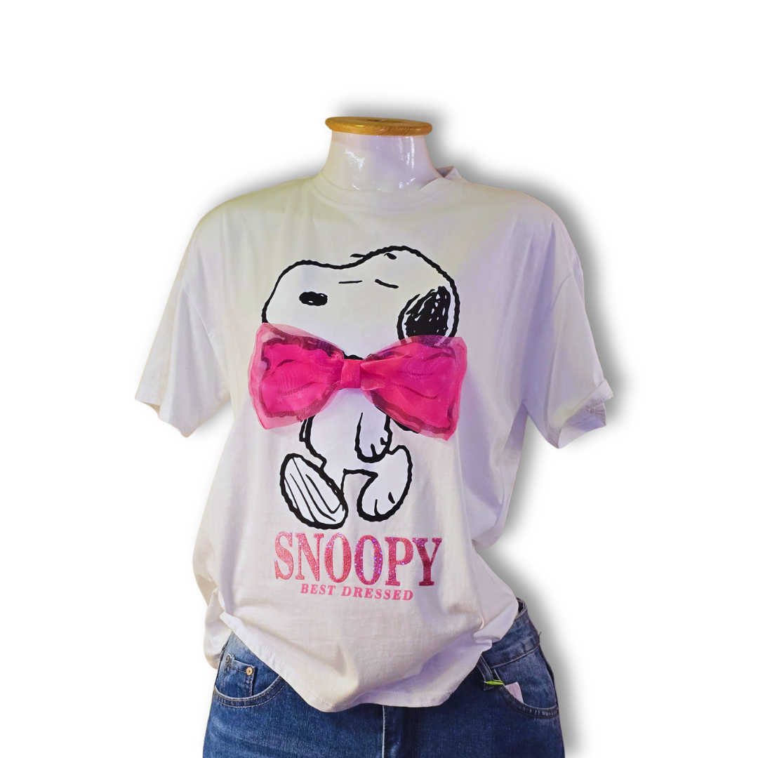 Playera Snoopy Blanca Moño Rosa