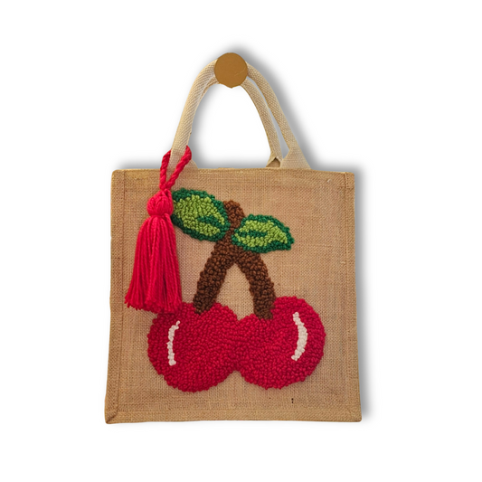 Bolsa De Yute Con Bordado Cerezas