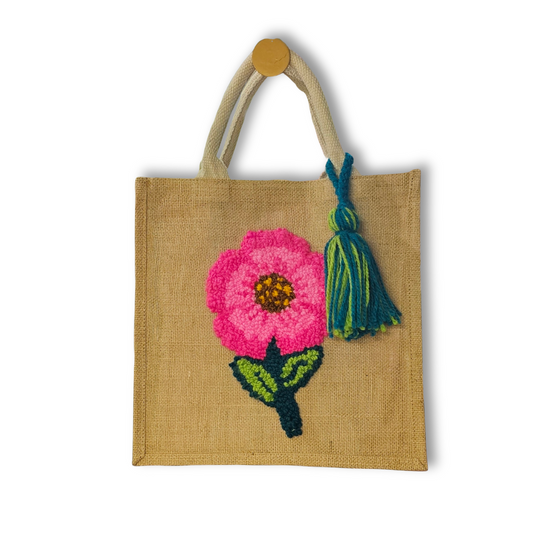 Bolsa De Yute Con Bordado Flor Rosa