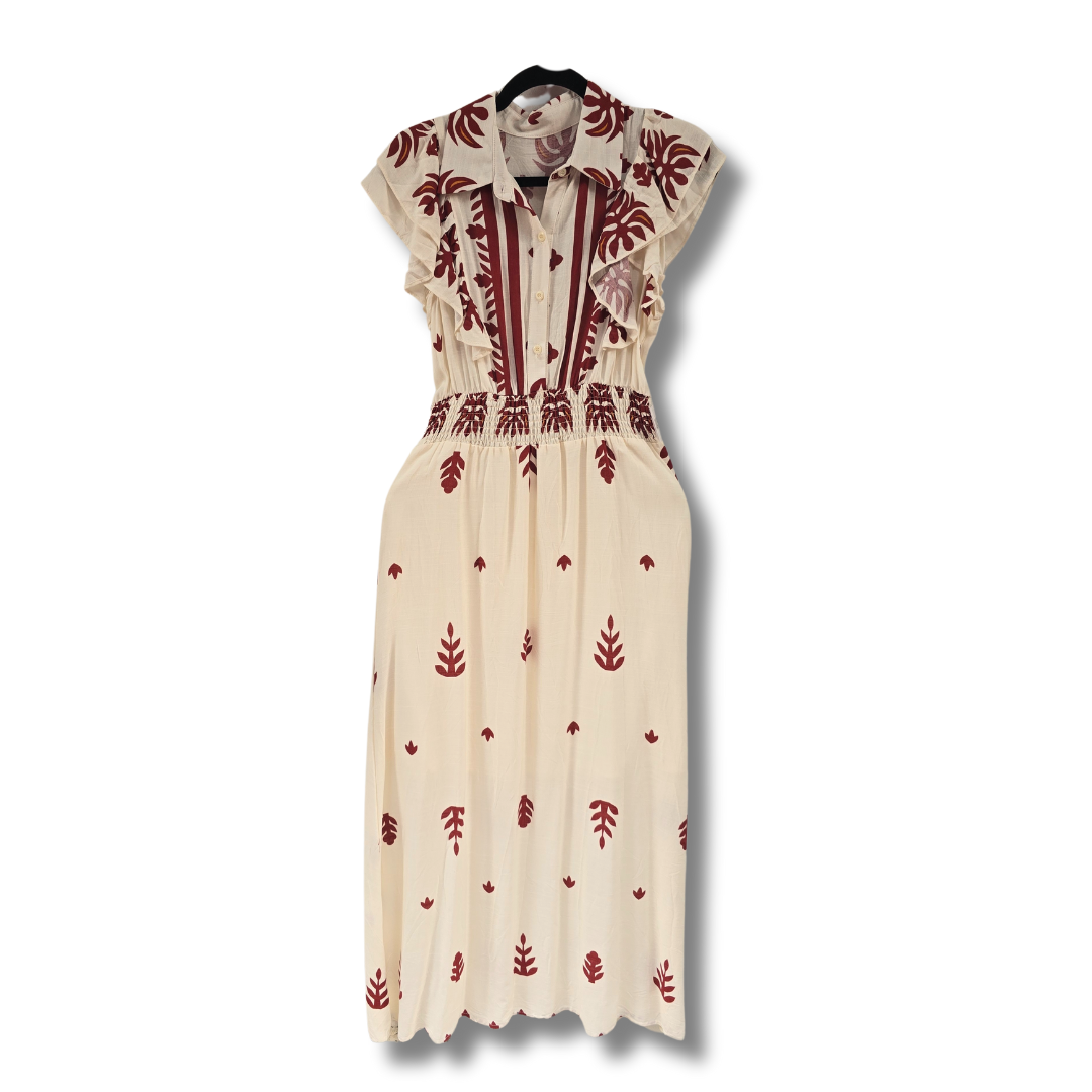 Vestido Beige Con Vino y Olanes En Manga