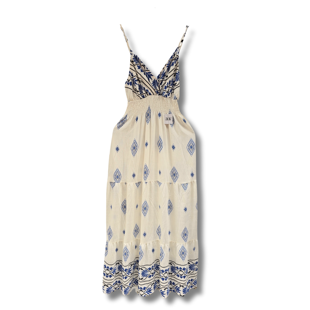 Vestido Blanco Con Azul Escote En V