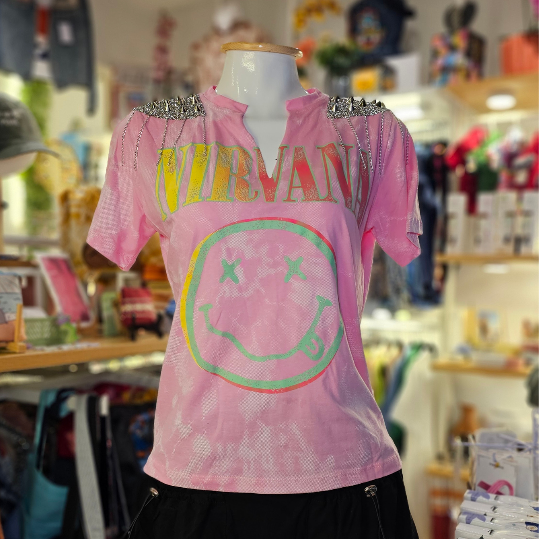 Playera Nirvana Rosa con Hombreras - Unitalla